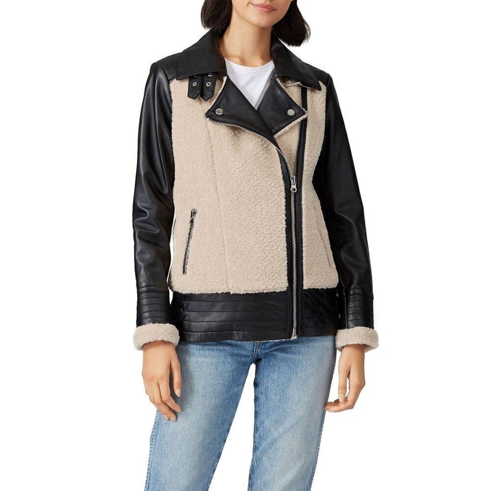 Slate & Willow Women's Black & Cream Faux Sherpa Aviator Leather Moto Jacket XS - Picture 2 of 13